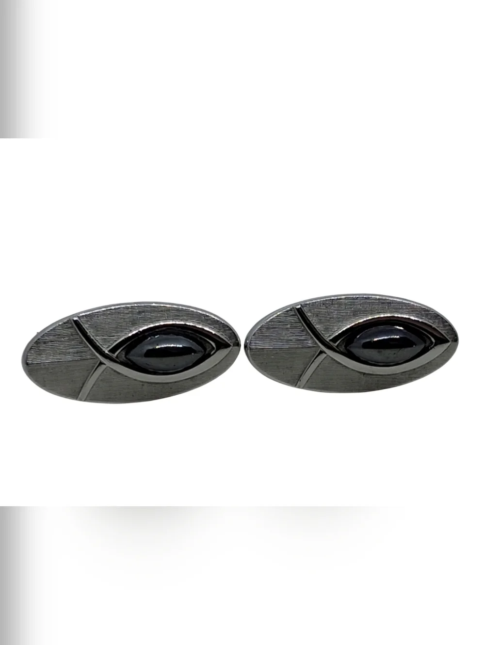 SWANK Vintage Brushed Silver Tone Jesus Fish Cufflinks Hematite Cabochon